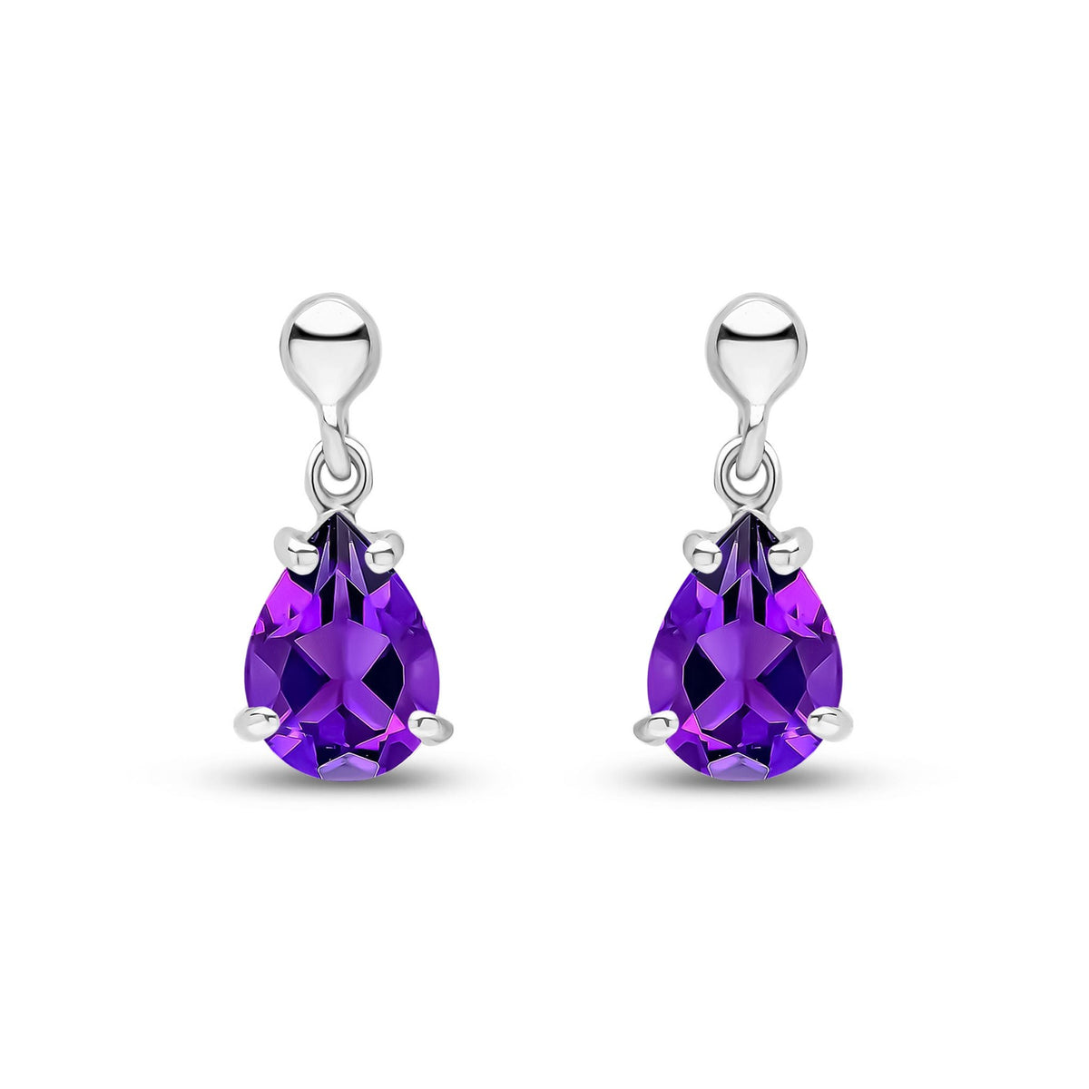 9ct White Gold Pear Shaped Natural Amethyst Claw Drop Earrings — 7x5mm