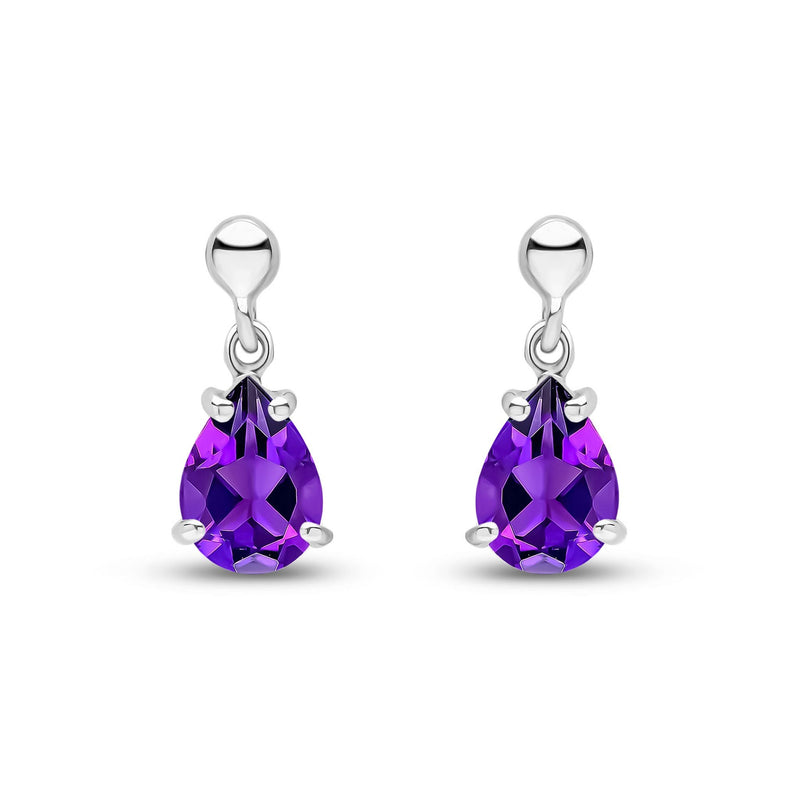 9ct White Gold Pear Shaped Natural Amethyst Claw Drop Earrings — 7x5mm