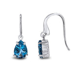9ct White Gold Pear Shaped Natural London Blue Topaz Claw Wire Hook Drop Earrings