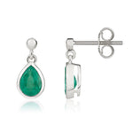 9ct White Gold Pear Shaped Natural Emerald Rubover Drop Earrings — 7x5mm