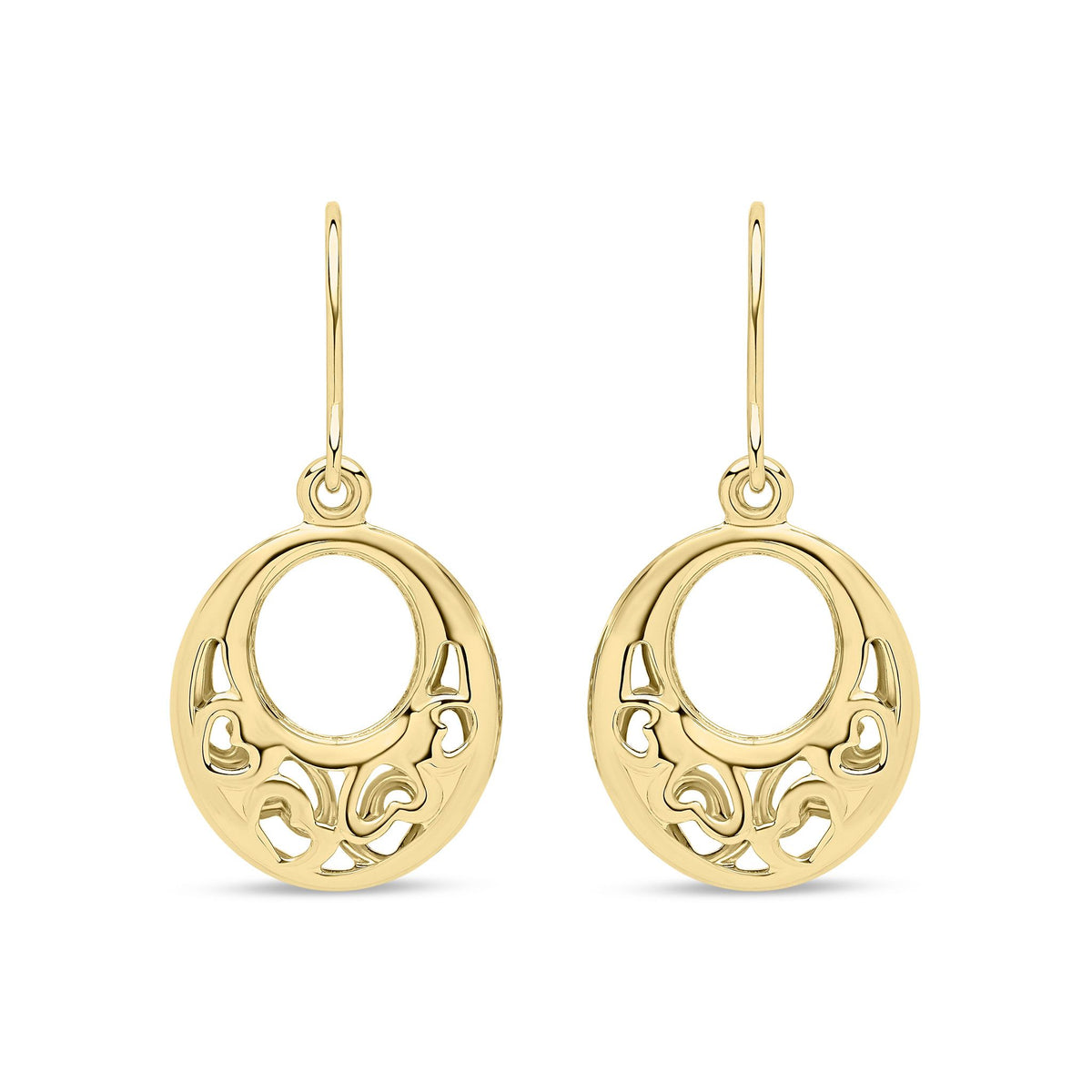 9ct Yellow Gold Filigree Heart Circle Drop Earrings