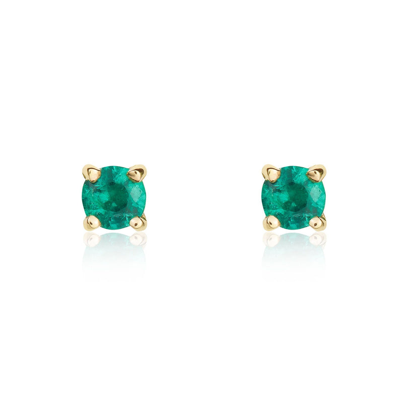 9ct Yellow Gold Round Natural Emerald Claw Stud Earrings — 3mm