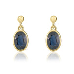 9ct Yellow Gold Oval Shaped Natural Sapphire Rubover Drop Earrings — 6x4mm