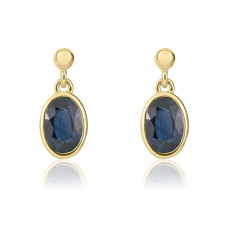 9ct Yellow Gold Oval Shaped Natural Sapphire Rubover Drop Earrings — 6x4mm