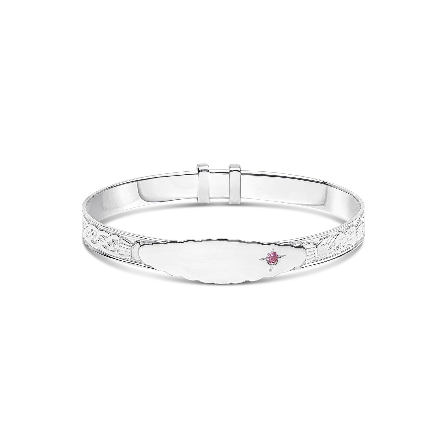 Sterling Silver 4mm Claddagh Ring Baby Bangle with ID Engraving Plate & Pink Cubic Zirconia