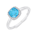 9ct White Gold Checkerboard Cut Cushion Natural Swiss Blue Topaz & Natural Diamond Cluster Ring — 6mm
