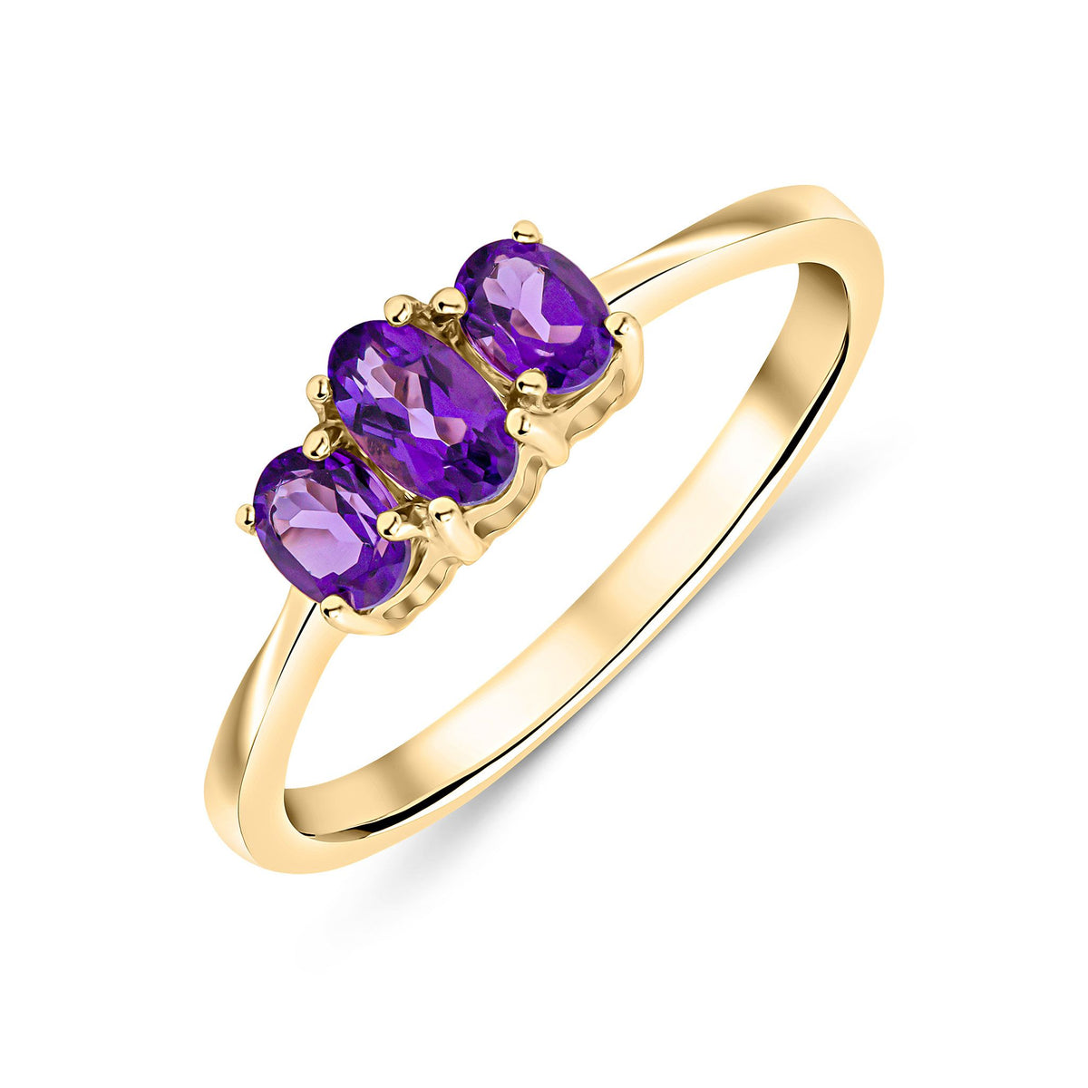 9ct Yellow Gold Oval Natural Amethyst Three Stone Claw Ring