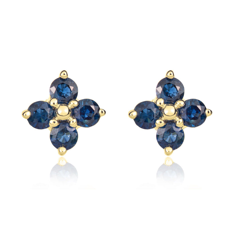 9ct Yellow Gold Round Natural Sapphire Four Stone Cluster Stud Earrings