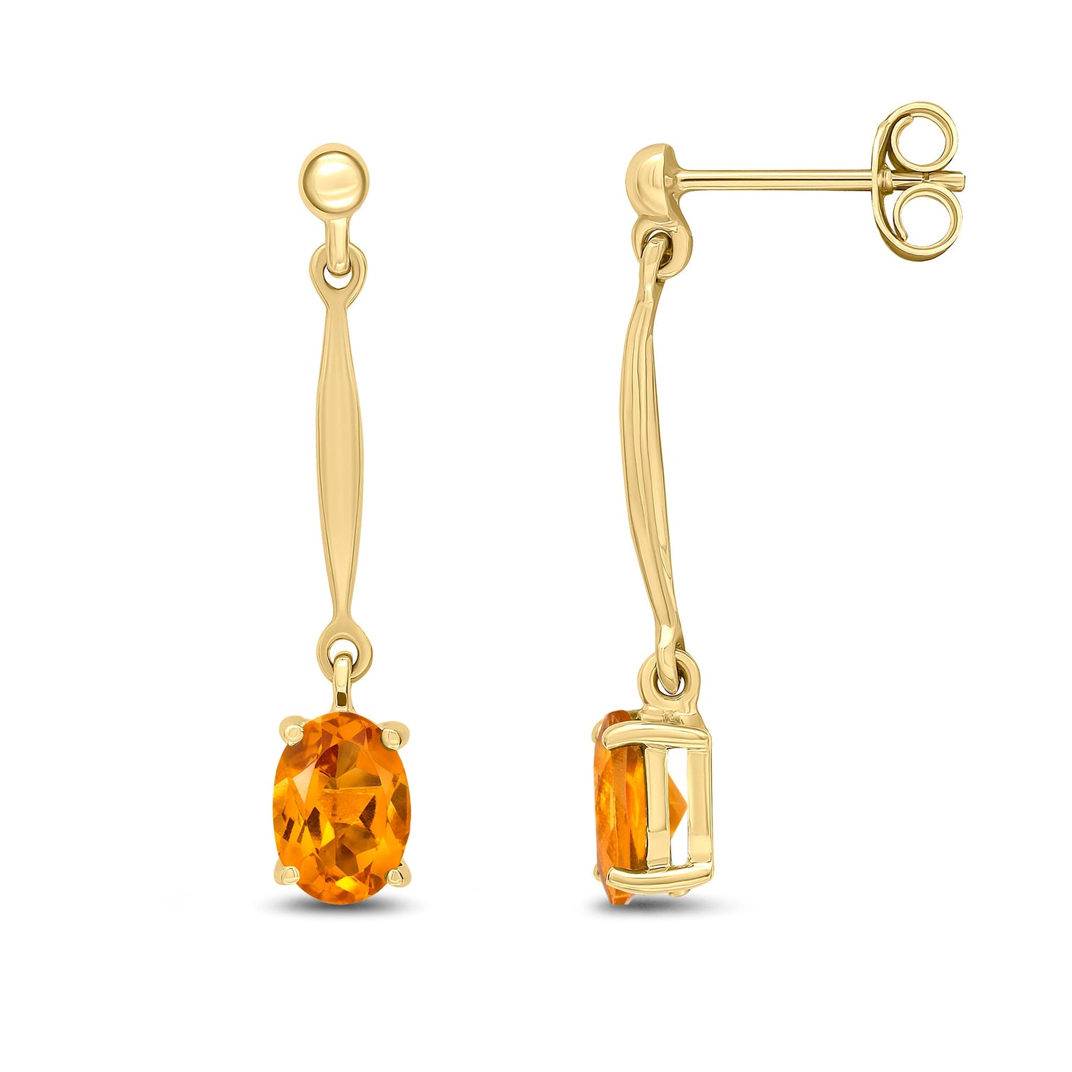 9ct Yellow Gold Oval Natural Citrine Claw Bar Drop Earrings with Tapered Bars — 7x5mm