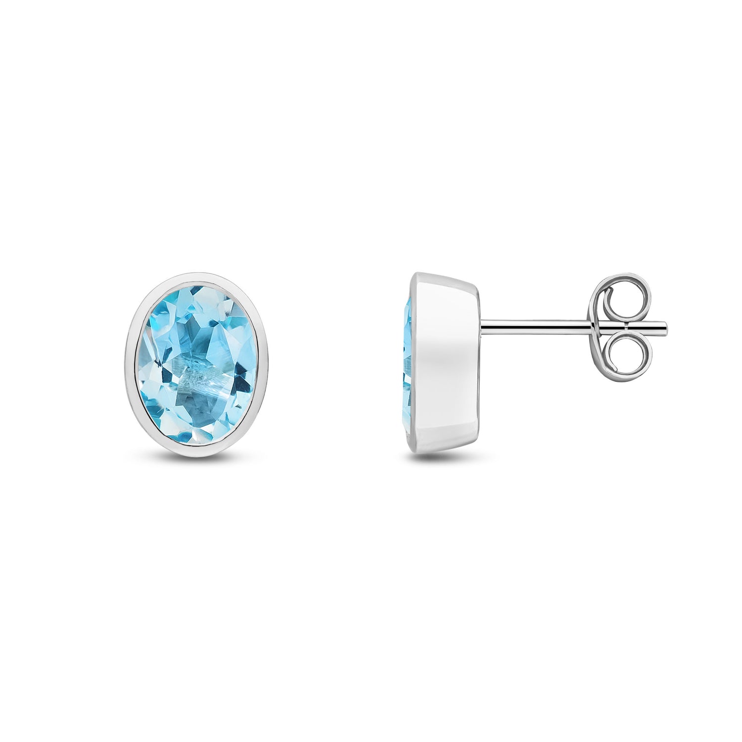 9ct White Gold Oval Natural Swiss Blue Topaz Rubover Stud Earrings — 8x6mm