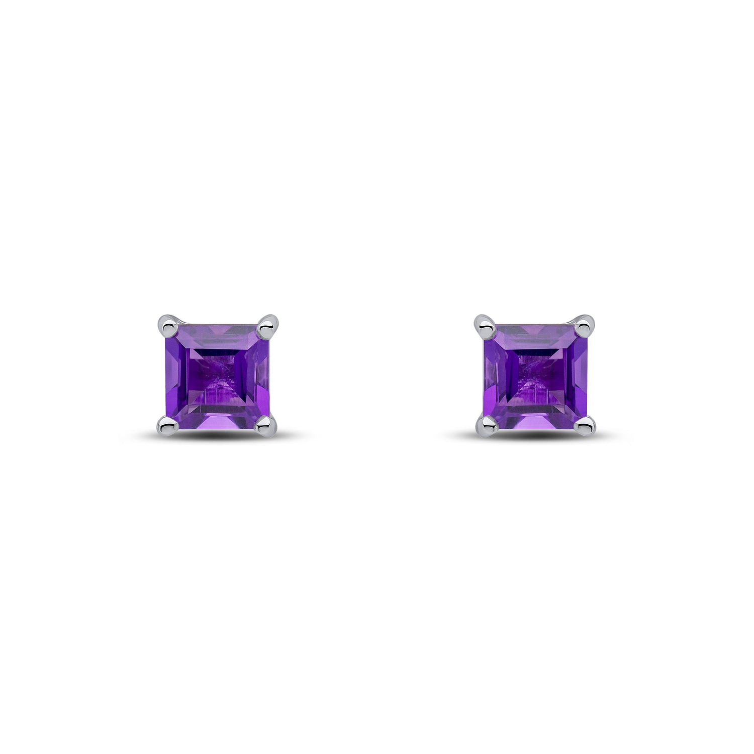 9ct White Gold Square Natural Amethyst Claw Stud Earrings — 5mm