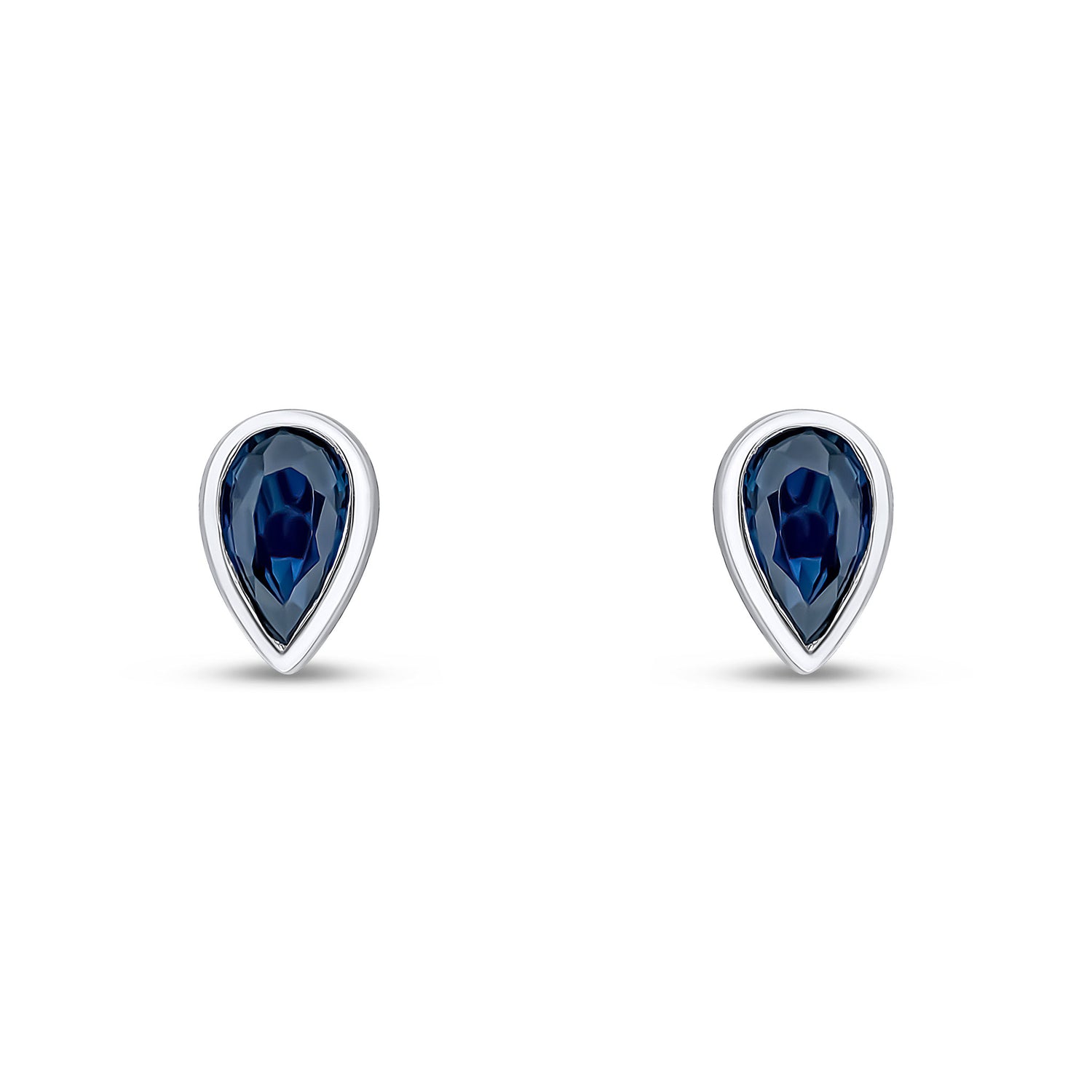 9ct White Gold Pear Shaped Natural Blue Sapphire Rubover Stud Earrings — 5x3mm