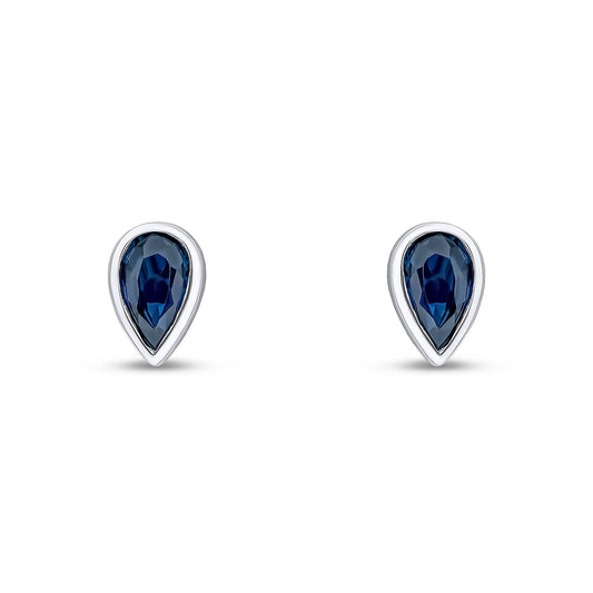 9ct White Gold Pear Shaped Natural Blue Sapphire Rubover Stud Earrings — 5x3mm