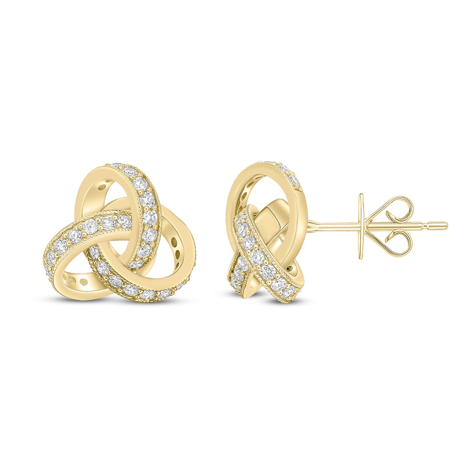 18ct Yellow Gold Natural Diamond Grain Set Knot Stud Earrings – 13.5mm