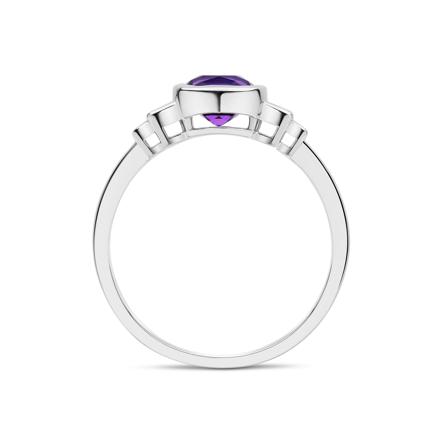 9ct White Gold Cushion Natural Amethyst and Baguette Diamond Stepped Shoulder Ring — 6mm