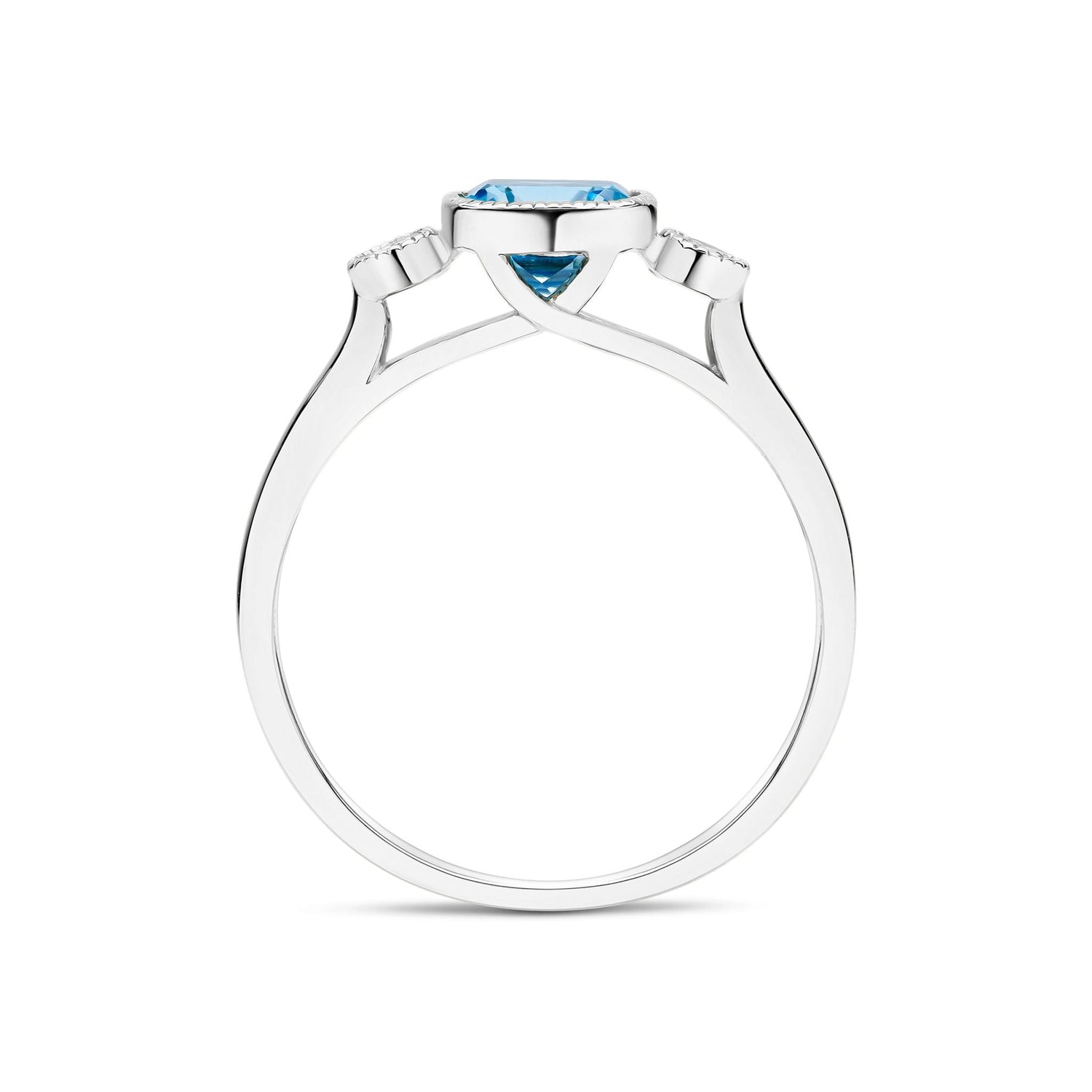 9ct White Gold Cushion Natural Swiss Blue Topaz and Round Diamond Millegrain Set Three Stone Ring — 6mm
