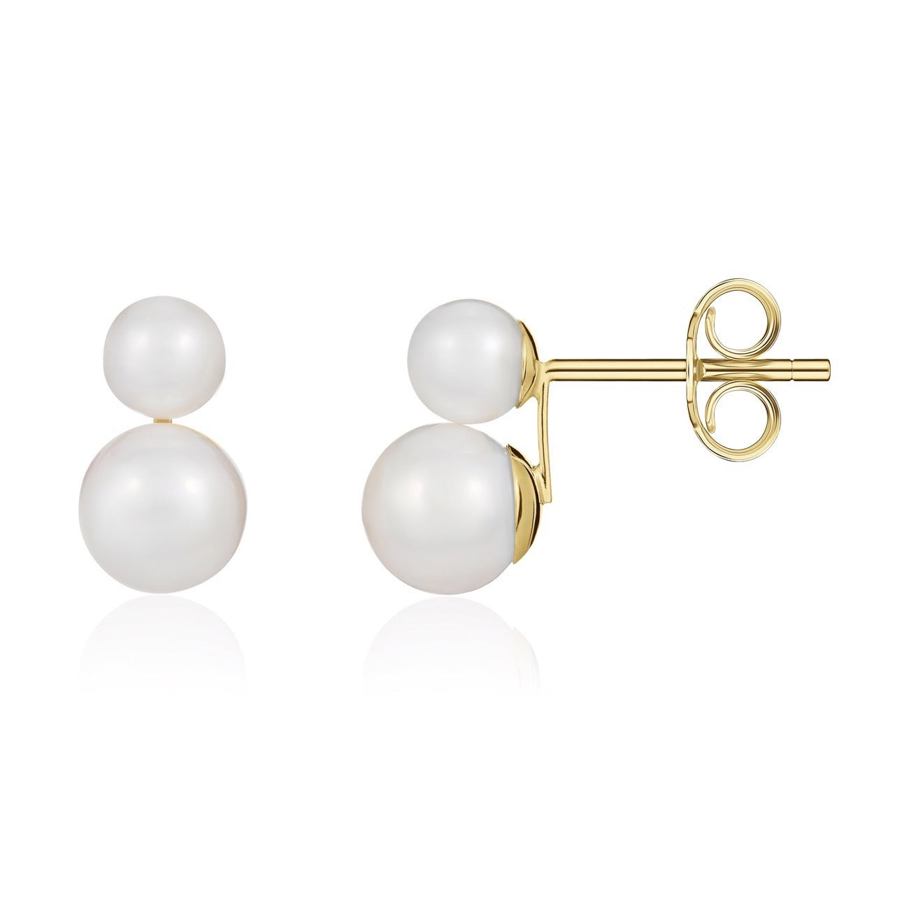 9ct Yellow Gold Freshwater Cultured Pearl Two Stone Stud Earrings — 5mm and 7mm