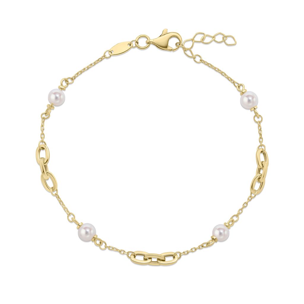 9ct Yellow Gold Natural Pearl and Oval Belcher Station Bracelet