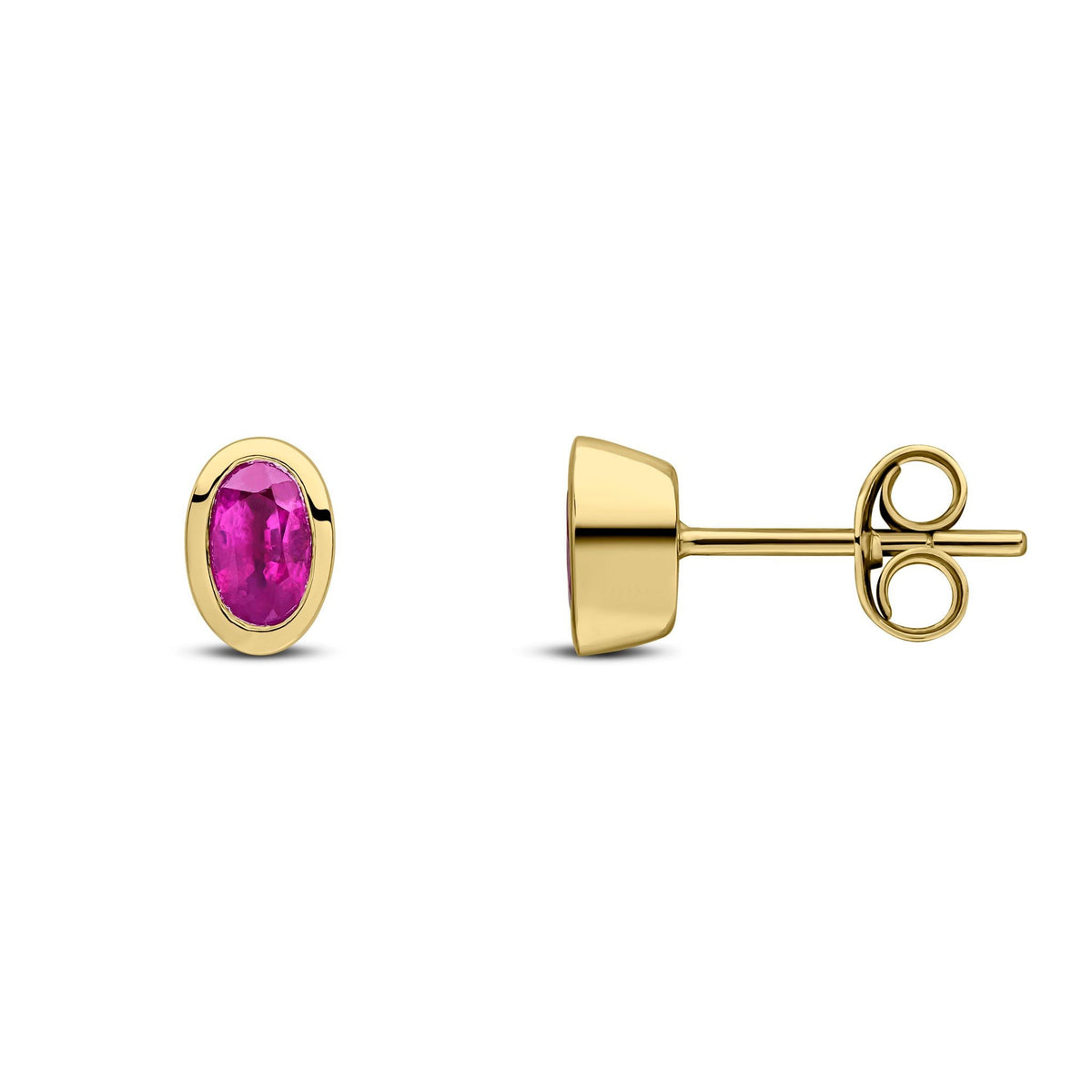 9ct Yellow Gold Oval Natural Ruby Rubover Stud Earrings — 5x3mm