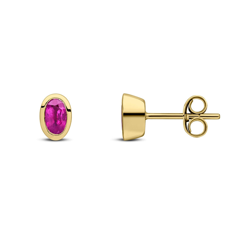 9ct Yellow Gold Oval Natural Ruby Rubover Stud Earrings — 5x3mm