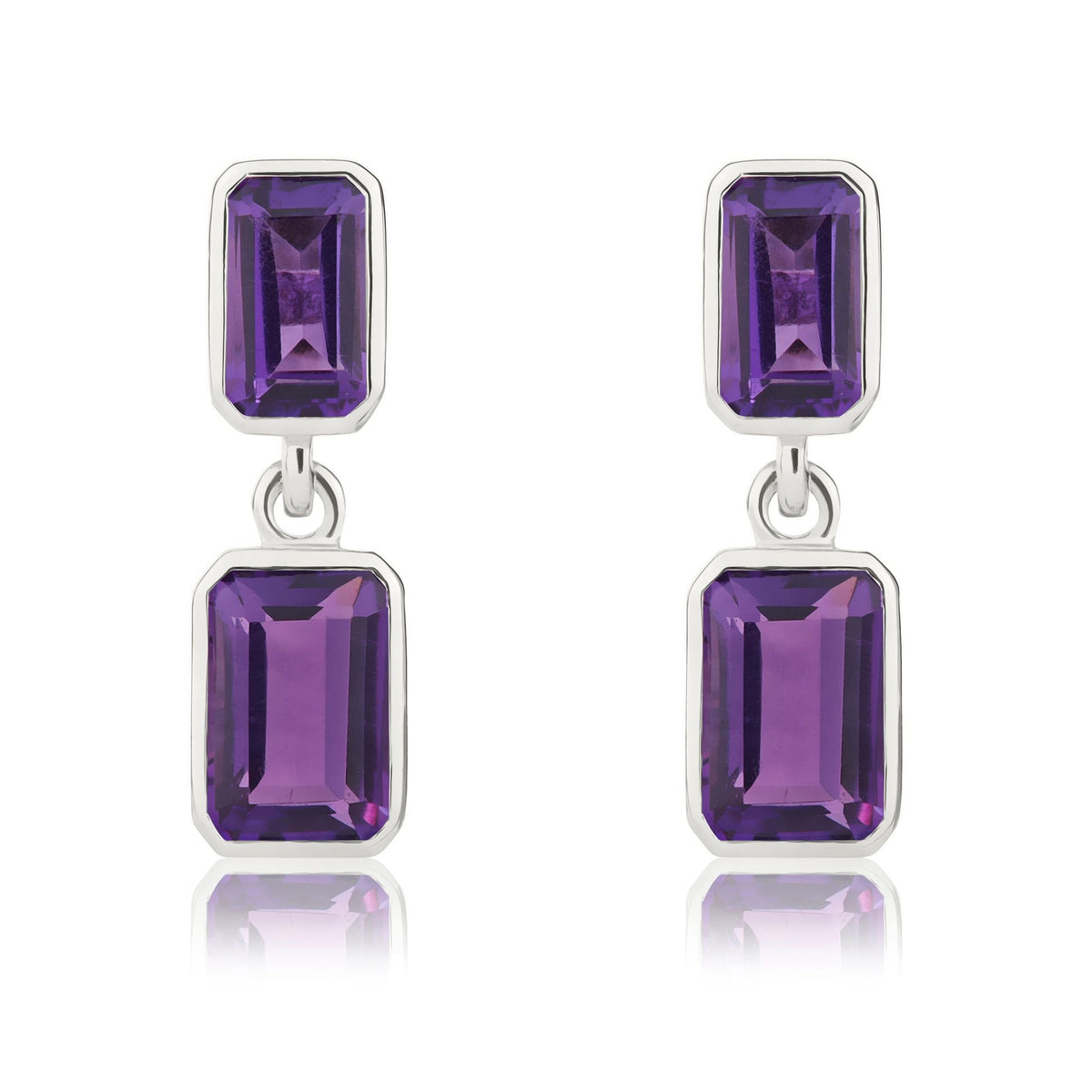 9ct White Gold Octagonal Emerald Cut Natural Amethyst Double Stone Rubover Drop Earrings