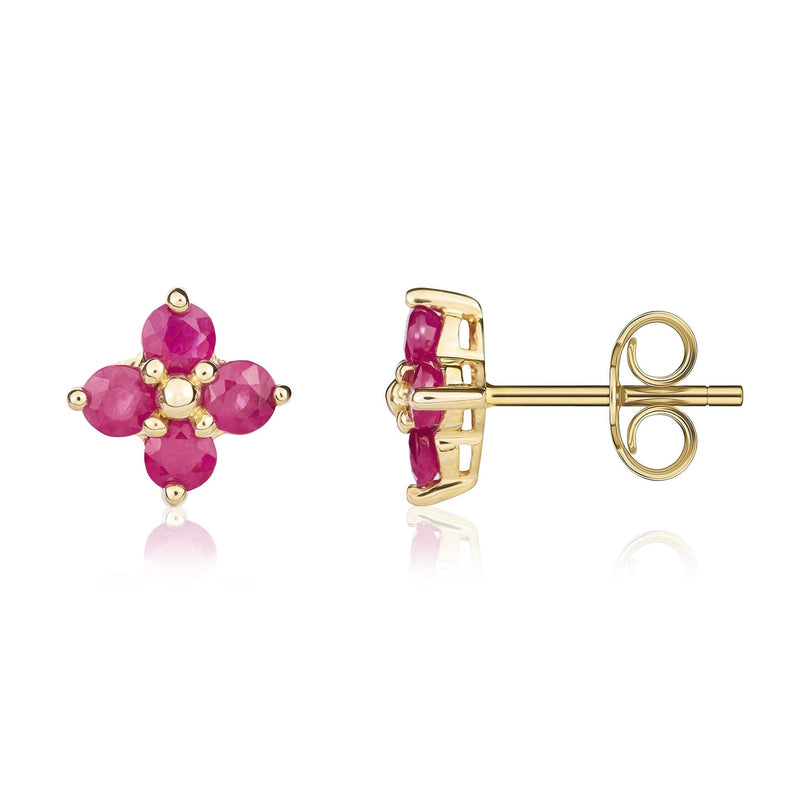 9ct Yellow Gold Round Natural Ruby Four Stone Cluster Stud Earrings