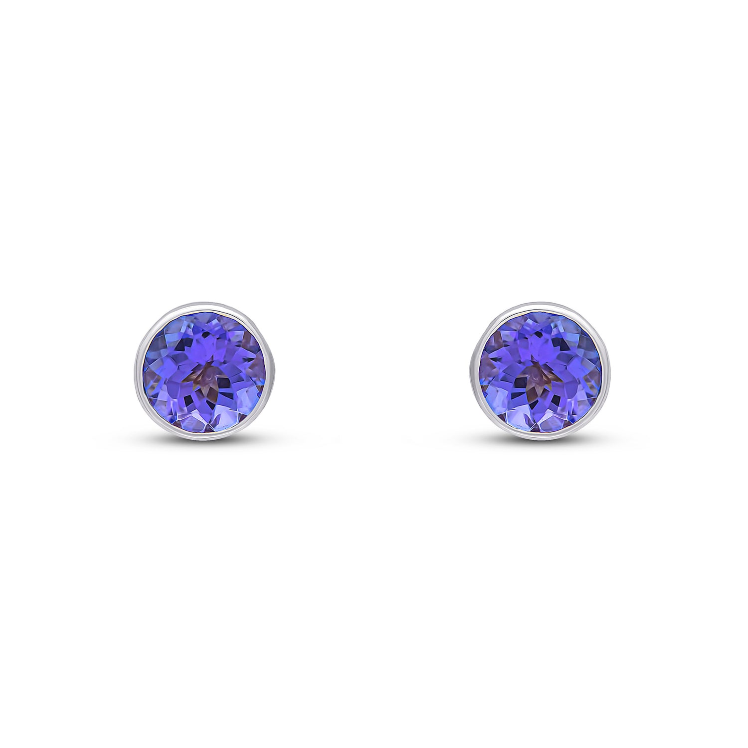 9ct White Gold Round Natural Tanzanite Rubover Stud Earrings — 5mm