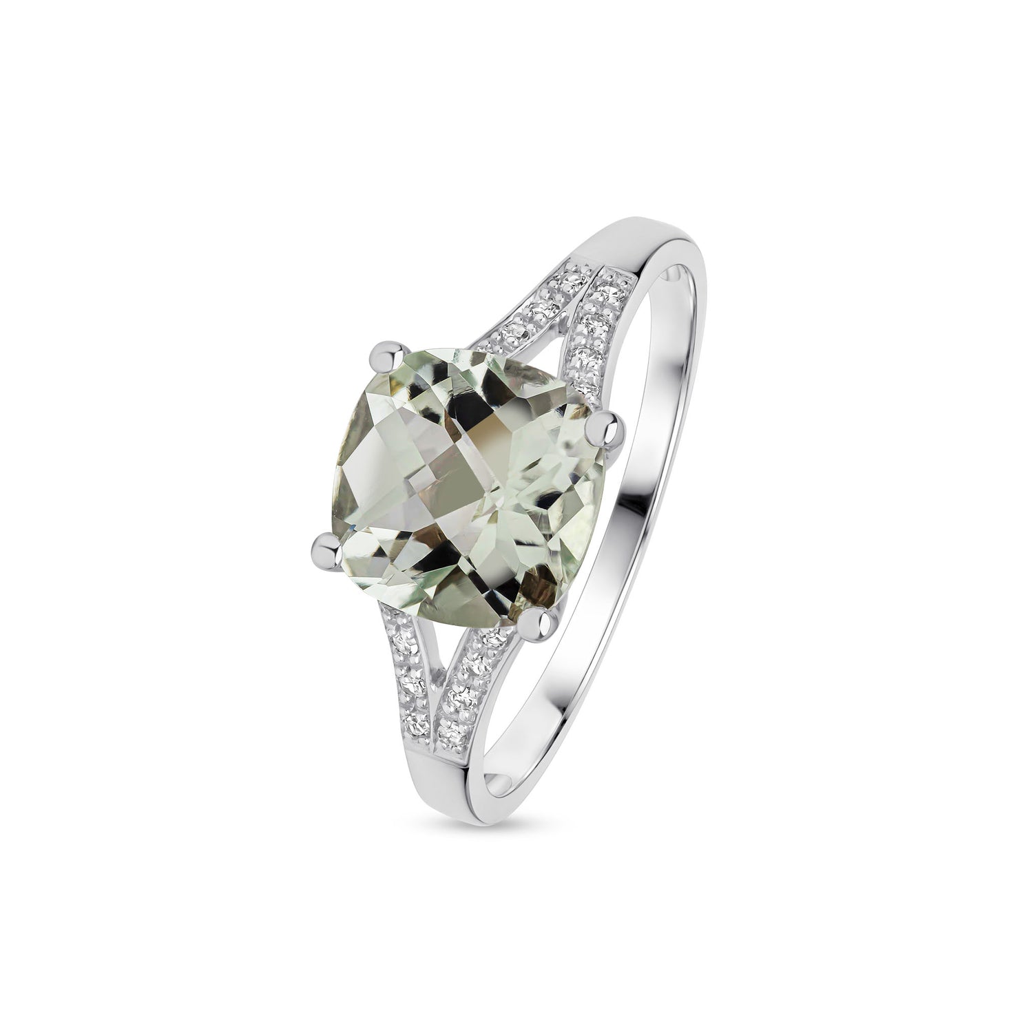 9ct White Gold Natural Cushion Cut Gemstone and Round Diamond Split Shoulder Ring