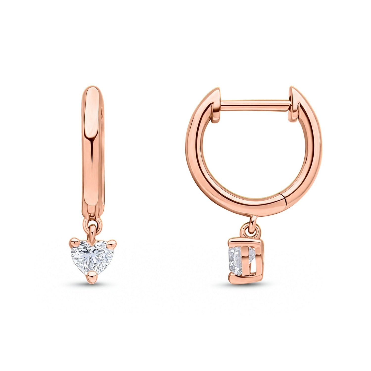 18ct Rose Gold Natural Heart Cut Diamond Drop Hoop Earrings