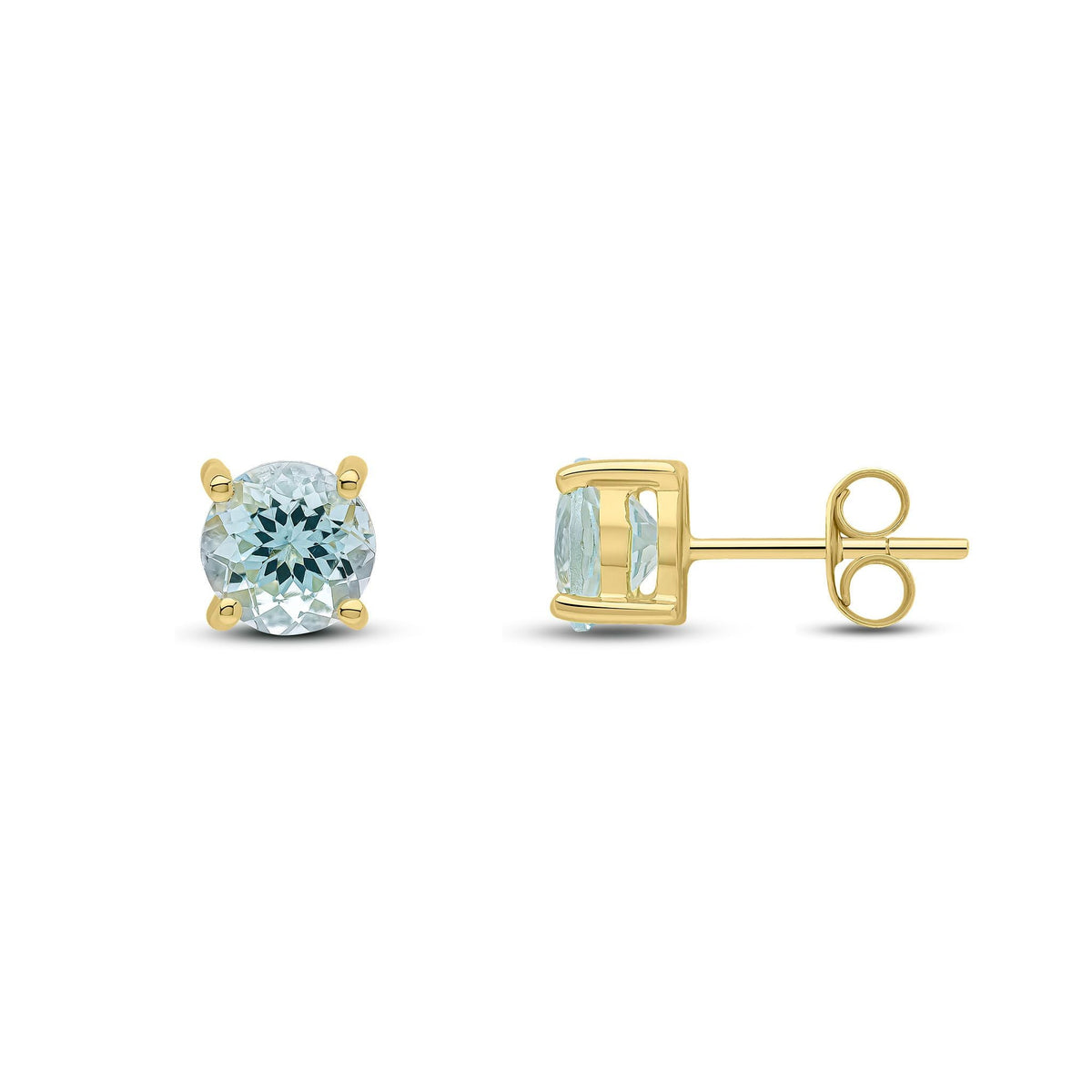 9ct Yellow Gold Round Natural Aquamarine Claw Stud Earrings — 6mm