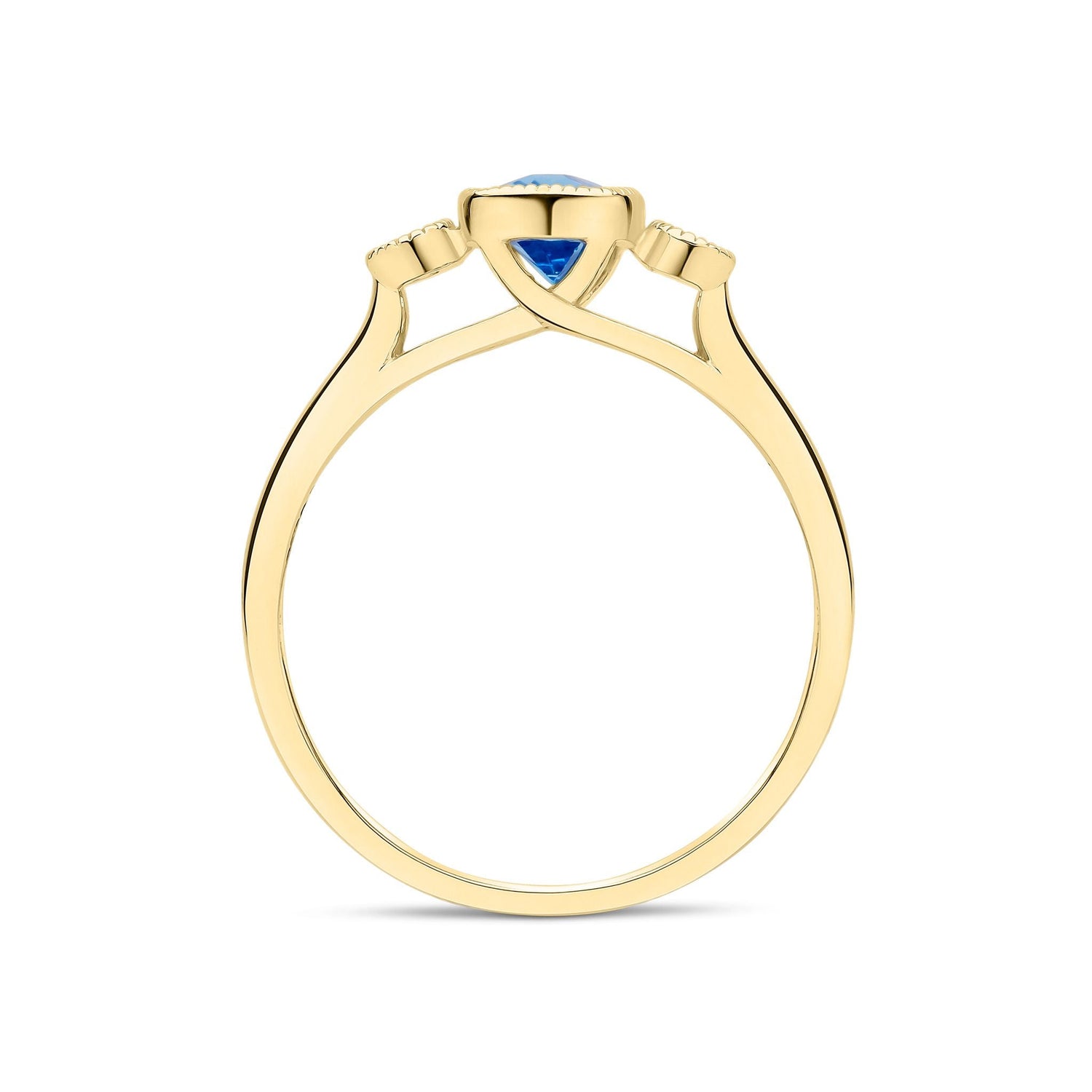 9ct Yellow Gold Octagonal Cushion Cut Natural Swiss Blue Topaz and Round Diamond Millegrain Set Three Stone Ring — 7x5mm