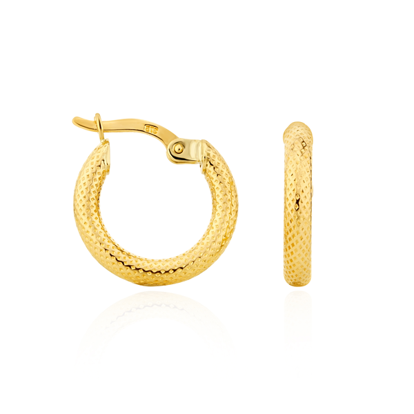 9ct Yellow Gold Textured Round Hoop Earrings — 15mm