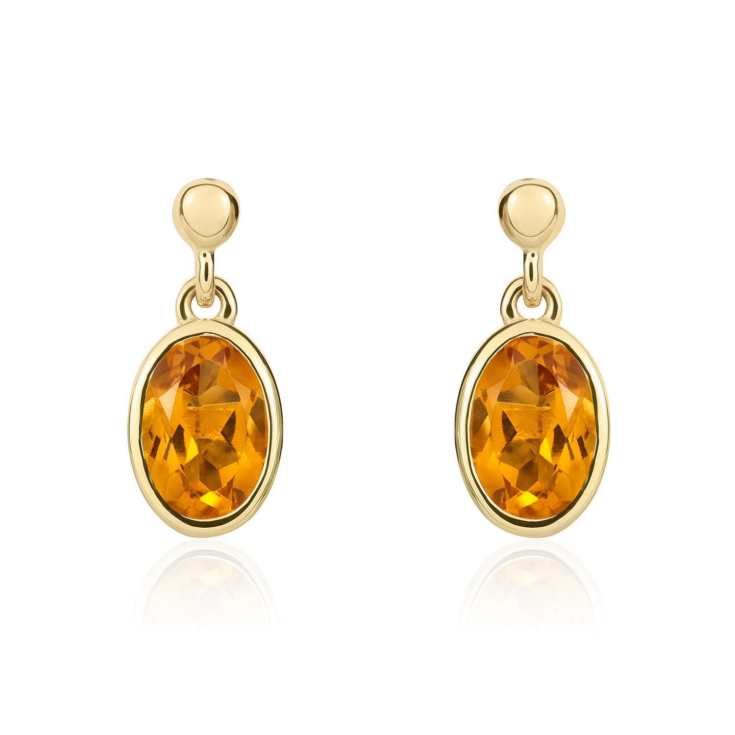 9ct Yellow Gold Oval Natural Citrine Rubover Set Drop Earrings — 6x4mm