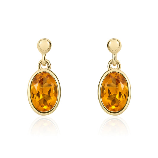 9ct Yellow Gold Oval Natural Citrine Rubover Set Drop Earrings — 6x4mm