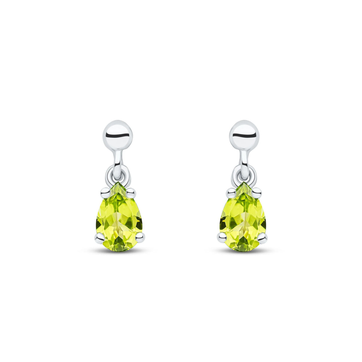9ct White Gold Pear Shaped Natural Peridot Claw Drop Earrings — 6x4mm