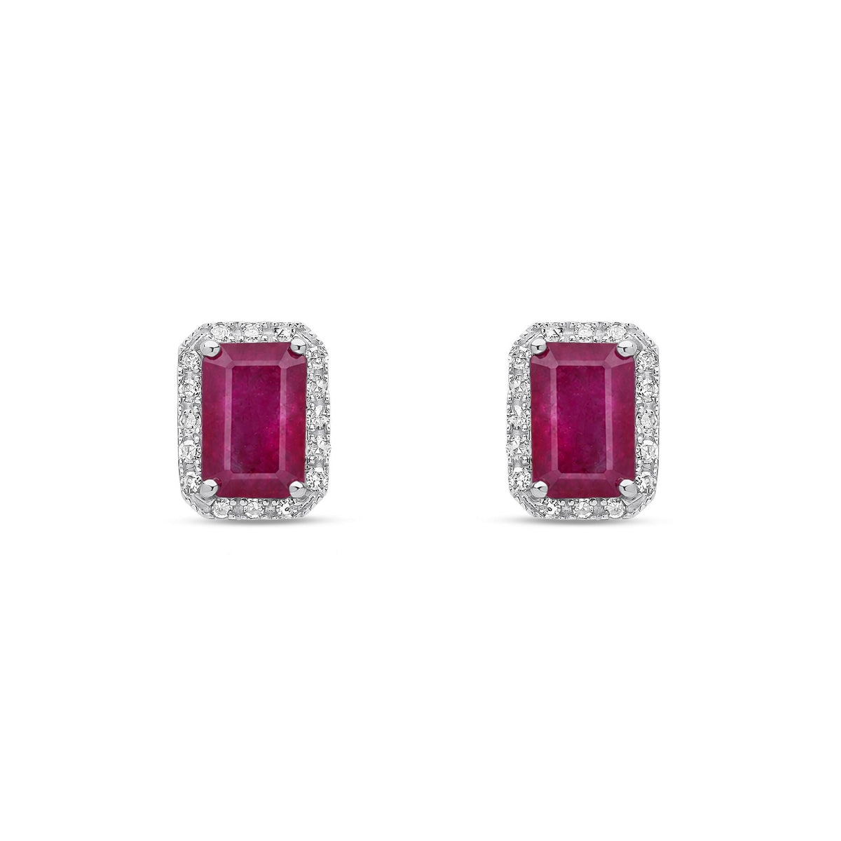 18ct White Gold Octagonal Natural Ruby & Diamond Cluster Stud Earrings — 6x4mm