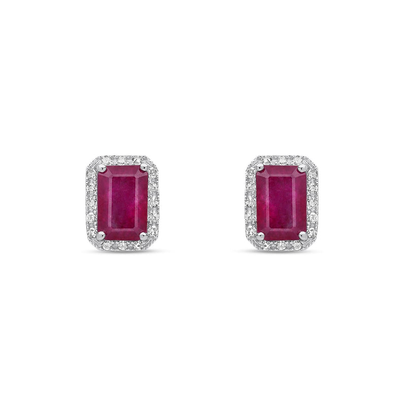 18ct White Gold Octagonal Natural Ruby & Diamond Cluster Stud Earrings — 6x4mm