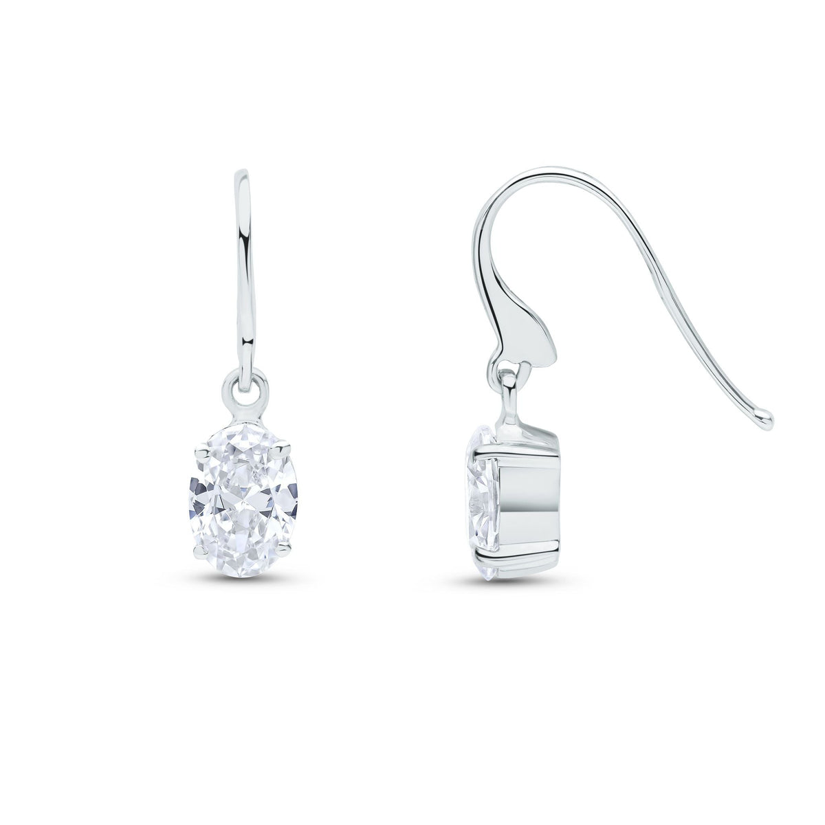 9ct White Gold Oval Cubic Zirconia CZ Claw Hook Wire Drop Earrings — 7x5mm