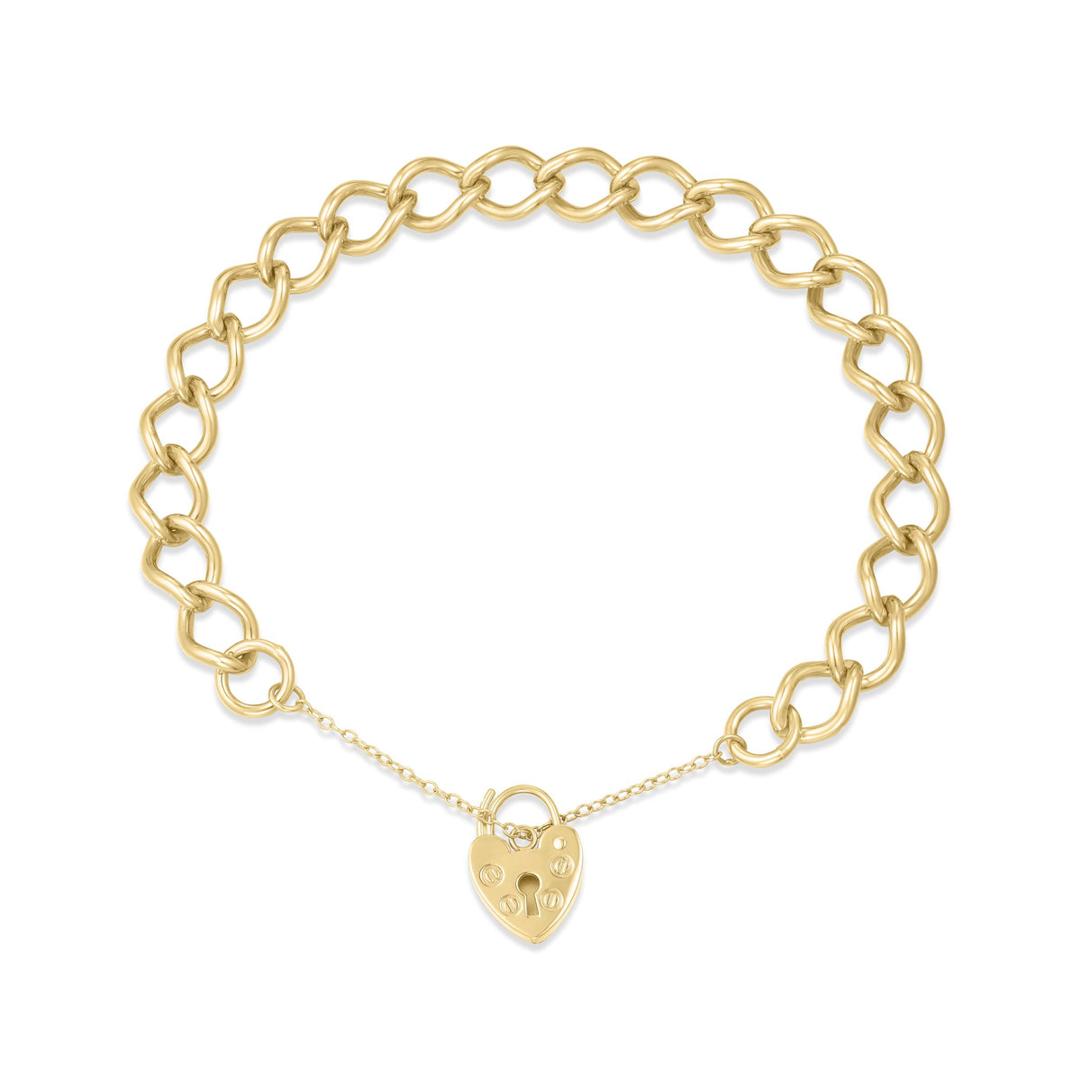 9ct Yellow Gold 9.2mm Open Curb Link Heart Padlock Bracelet