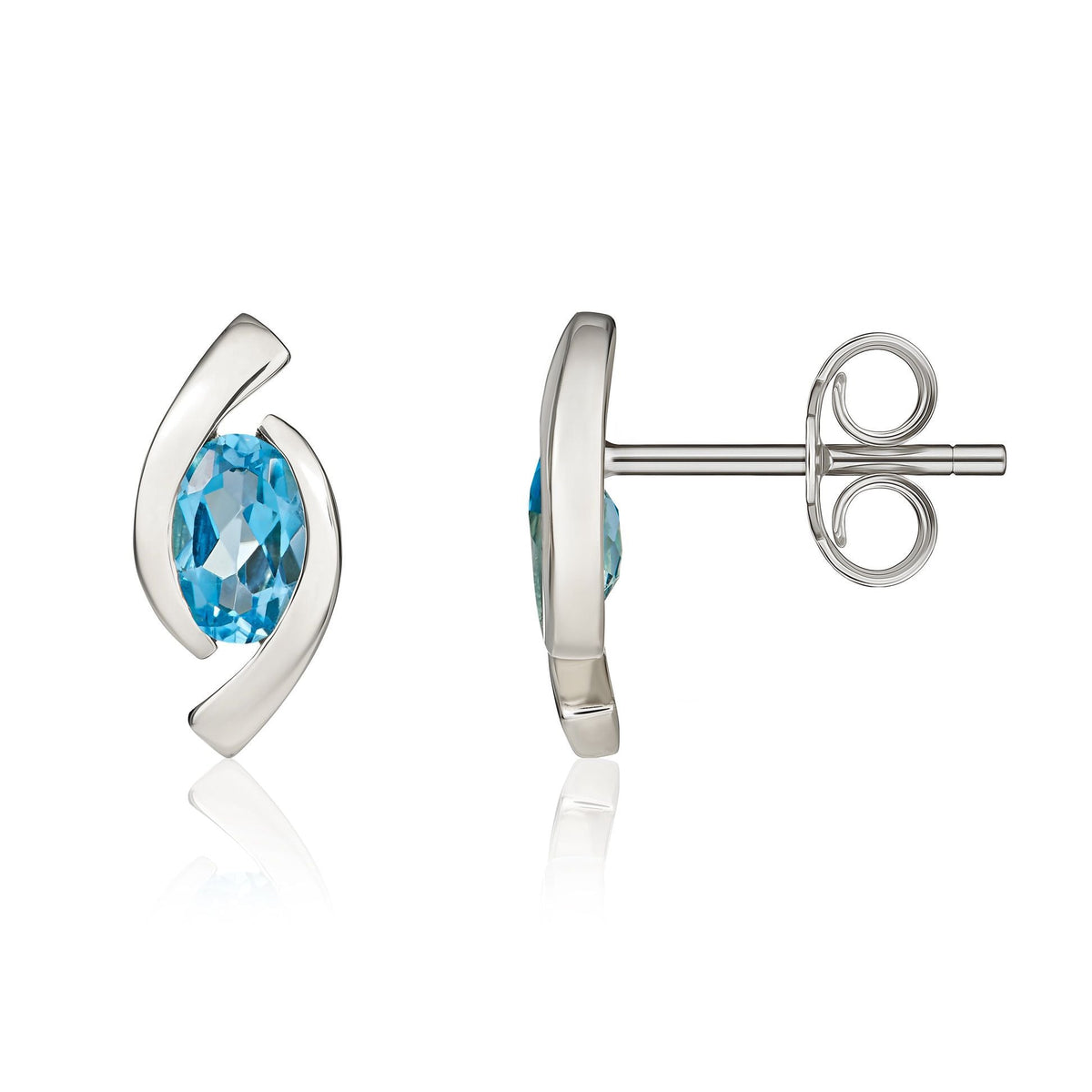 9ct White Gold Oval Natural Swiss Blue Topaz 'Eye' Stud Earrings — 6x4mm