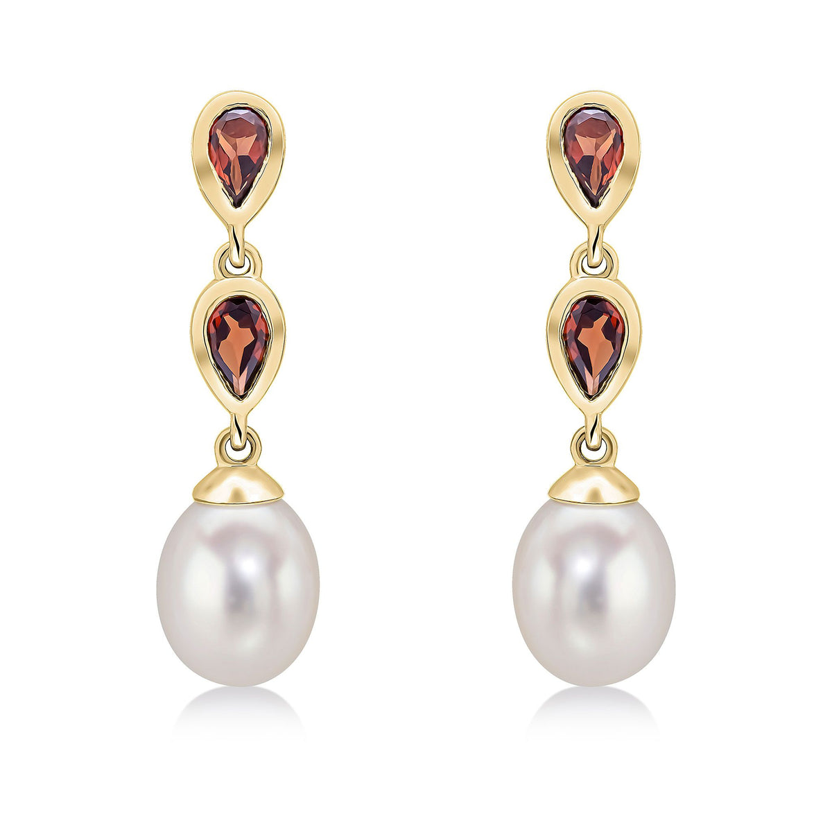 9ct Gold Pearl and Pear Shaped Gemstone Double Drop Earrings