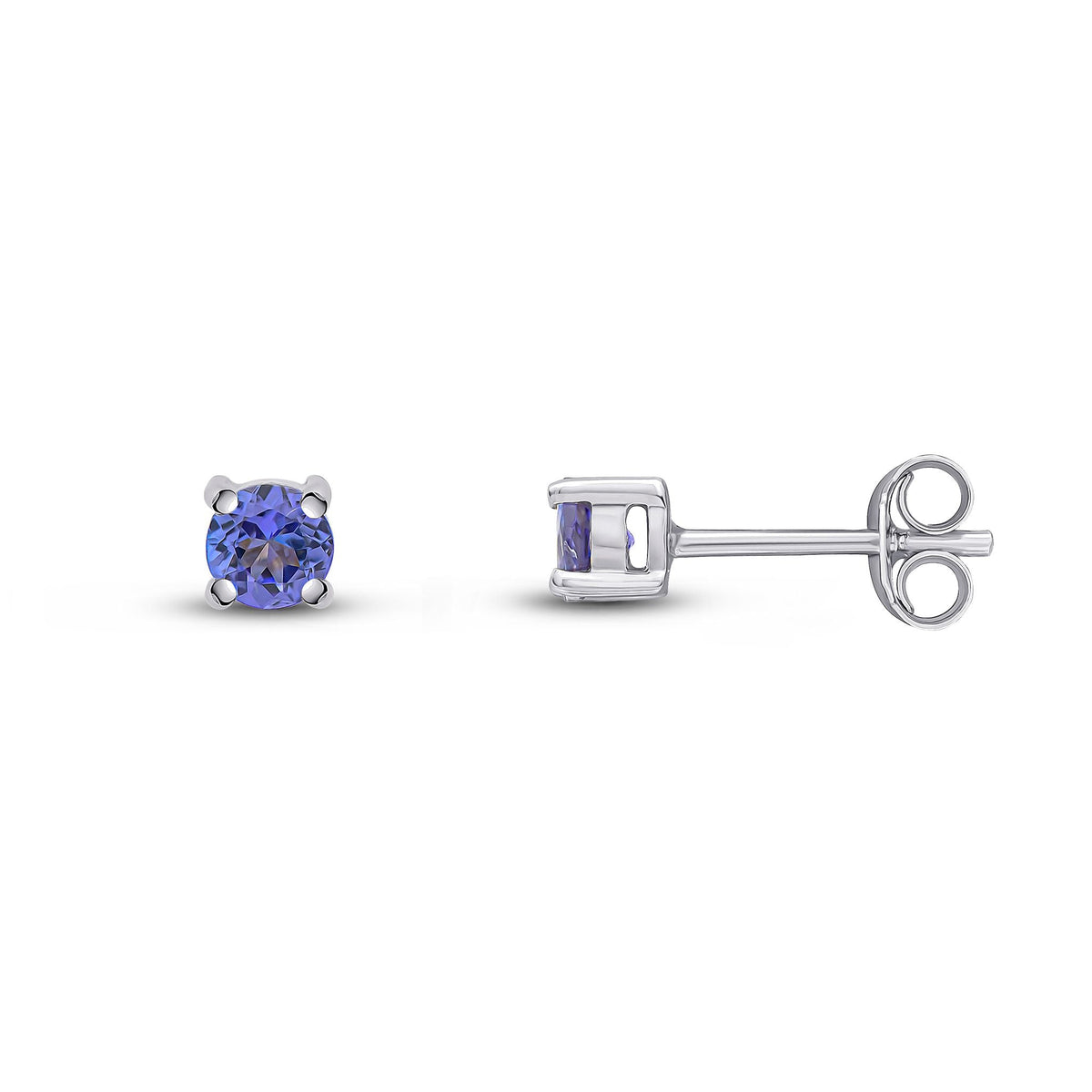 9ct White Gold Round Natural Tanzanite Claw Stud Earrings — 4mm