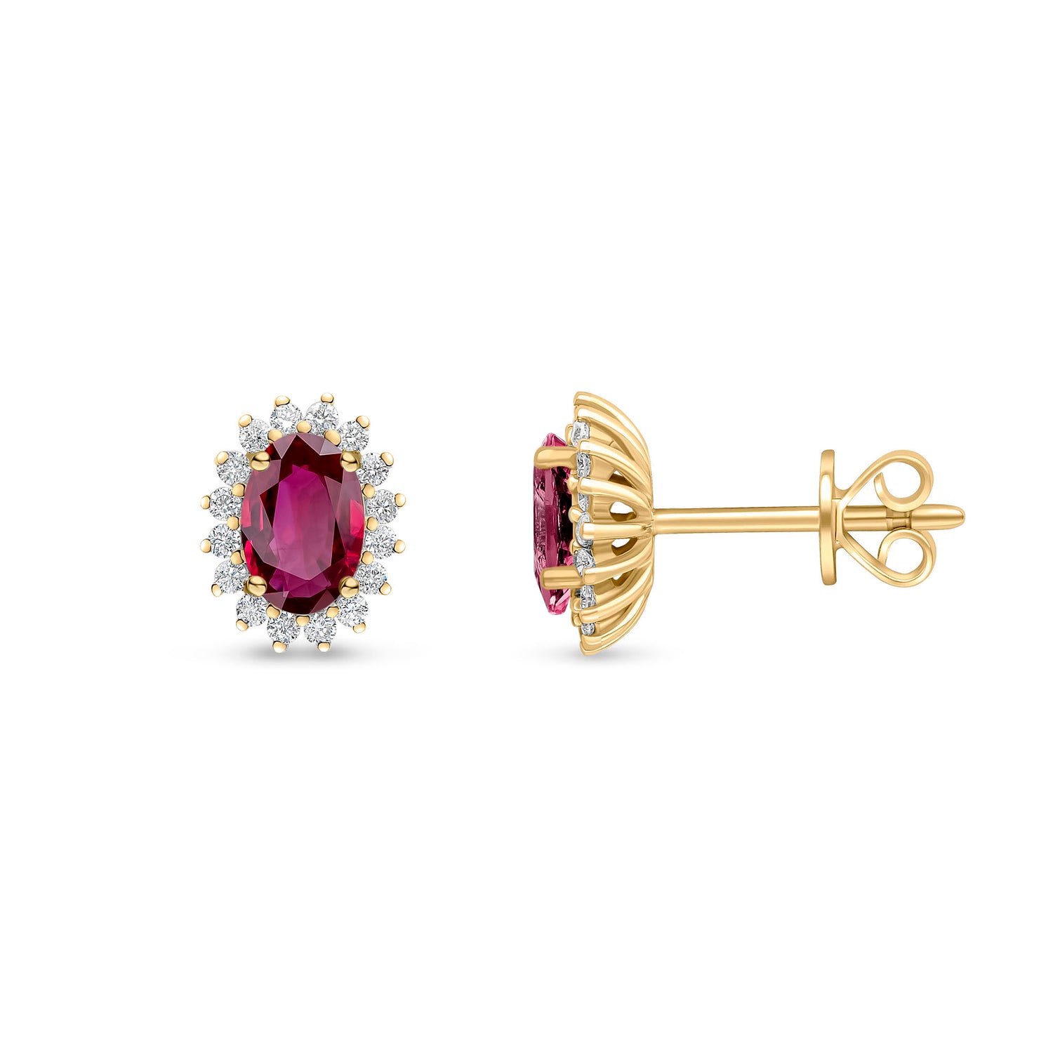 18ct Yellow Gold Oval Natural Ruby and Round Diamond Claw Set Cluster Stud Earrings — 6x4mm