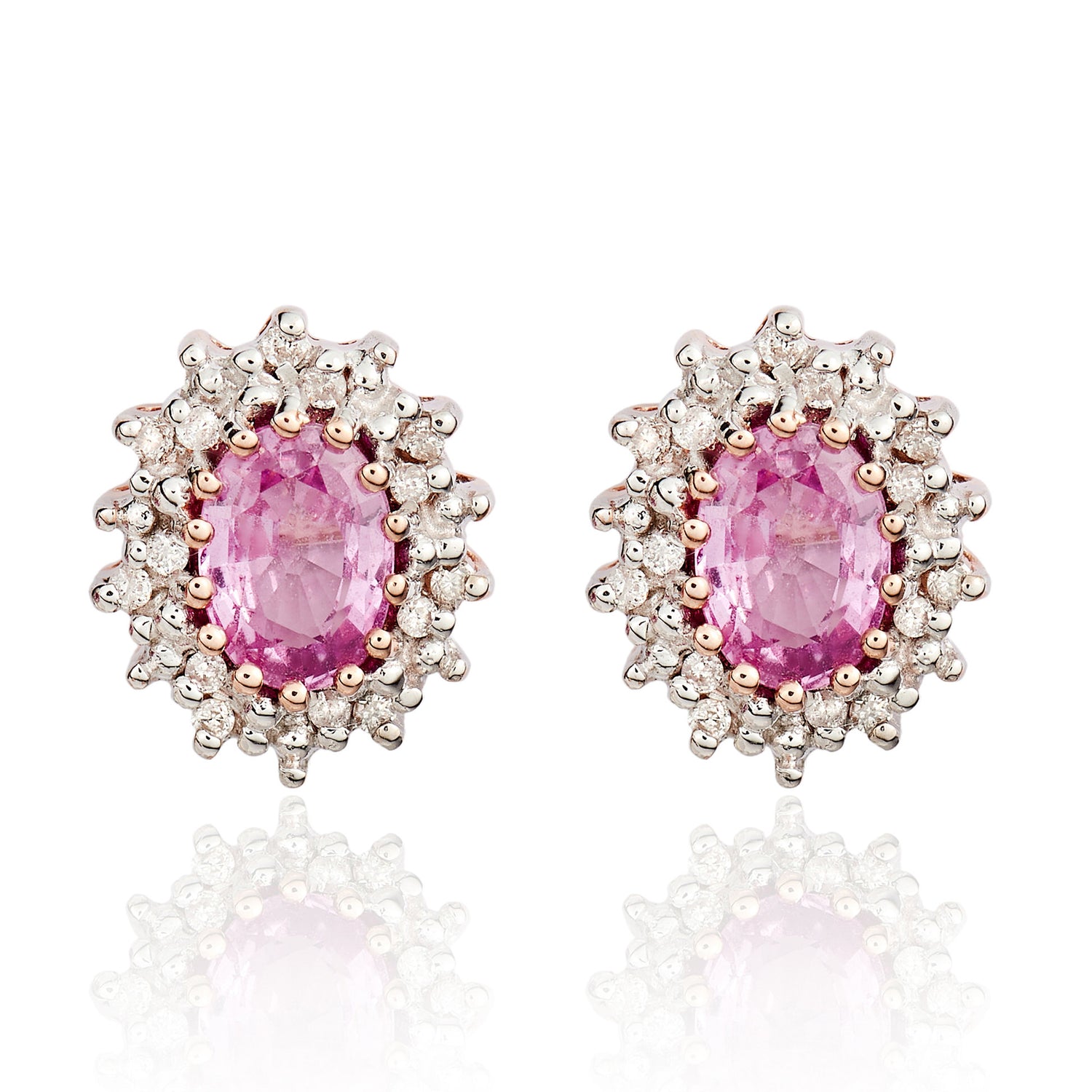 9ct Rose Gold Oval Natural Pink Sapphire and Diamond Cluster Earrings — 6x4mm