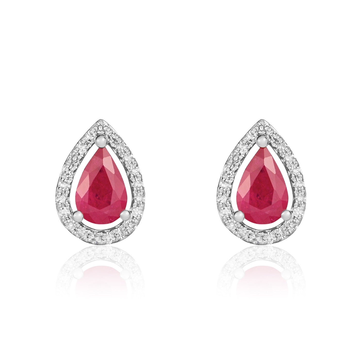 9ct White Gold Pear Shaped Natural Ruby and Diamond Cluster Earrings — 6x4mm