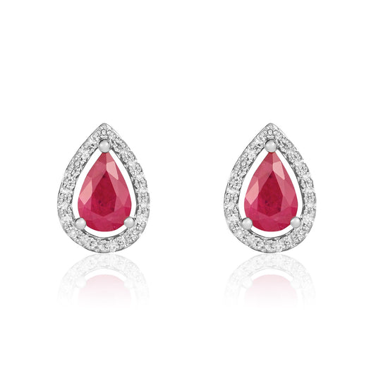 9ct White Gold Pear Shaped Natural Ruby and Diamond Cluster Earrings — 6x4mm
