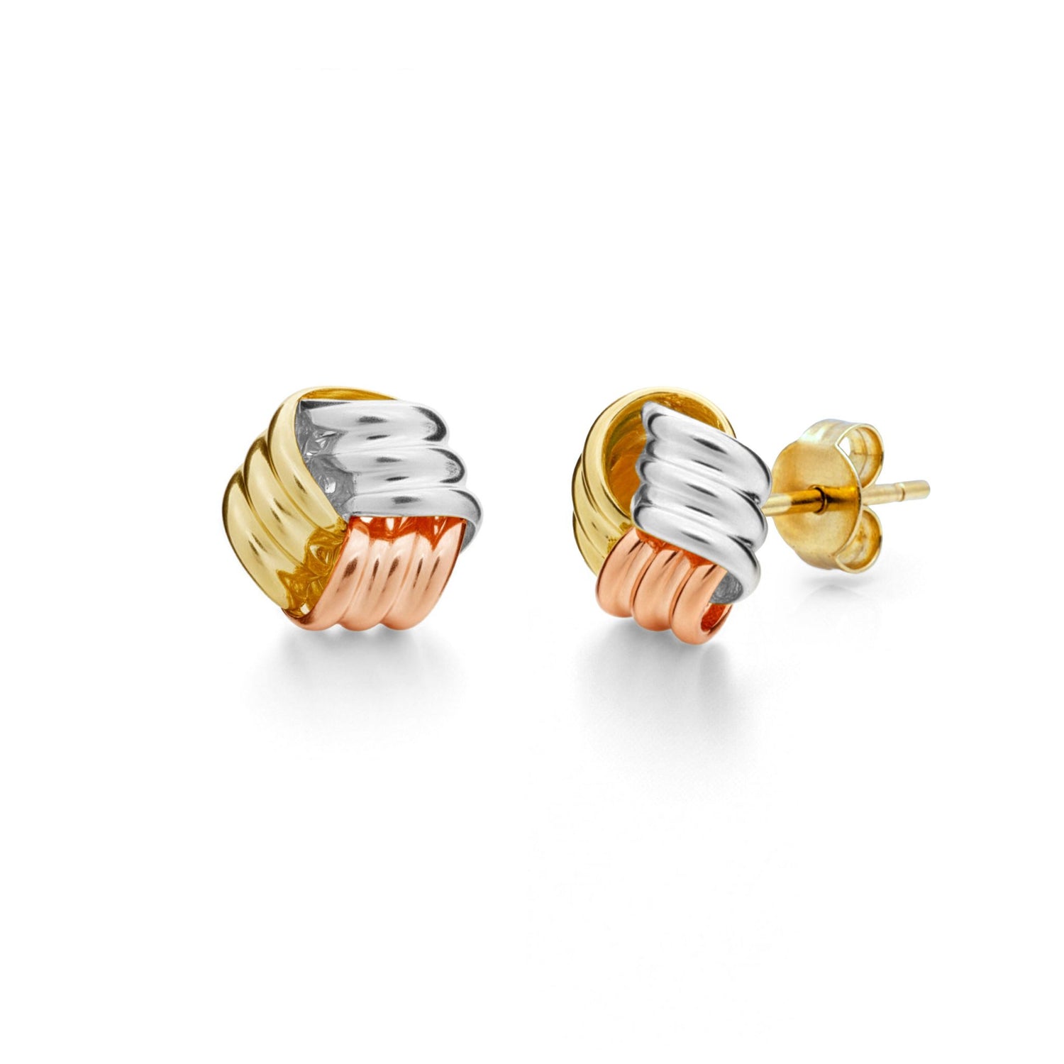 9ct Three Tone Yellow White and Rose Gold Knot Stud Earrings — 10mm