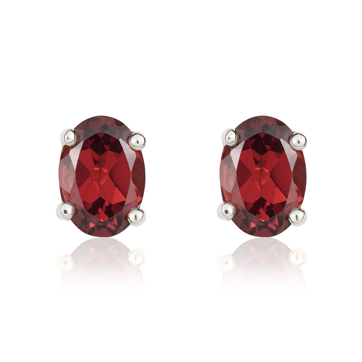 9ct White Gold Oval Natural Garnet Claw Stud Earrings — 7x5mm