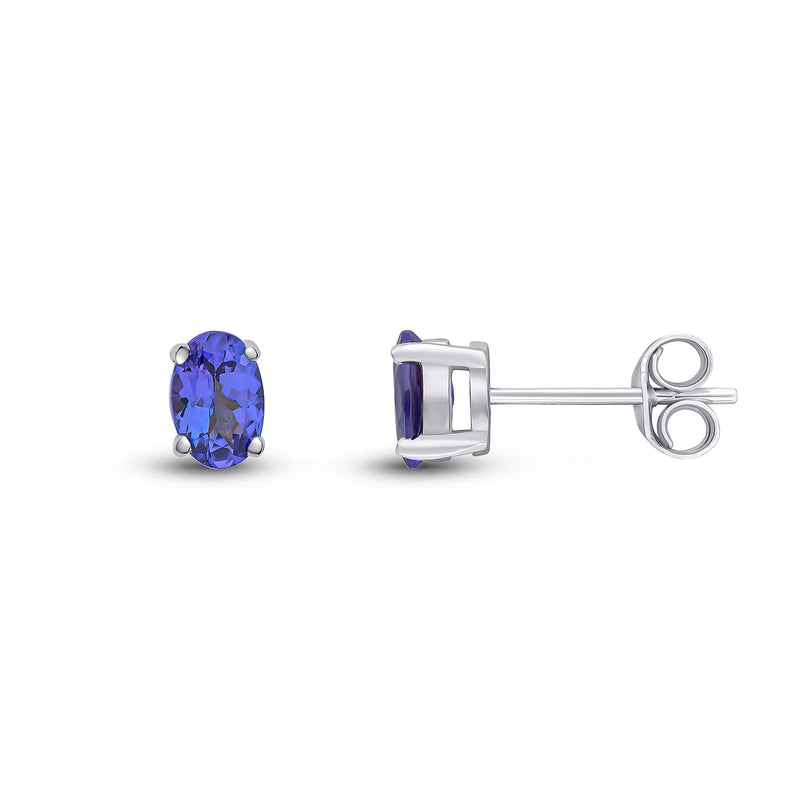 9ct White Gold Oval Natural Tanzanite Claw Stud Earrings — 6x4mm