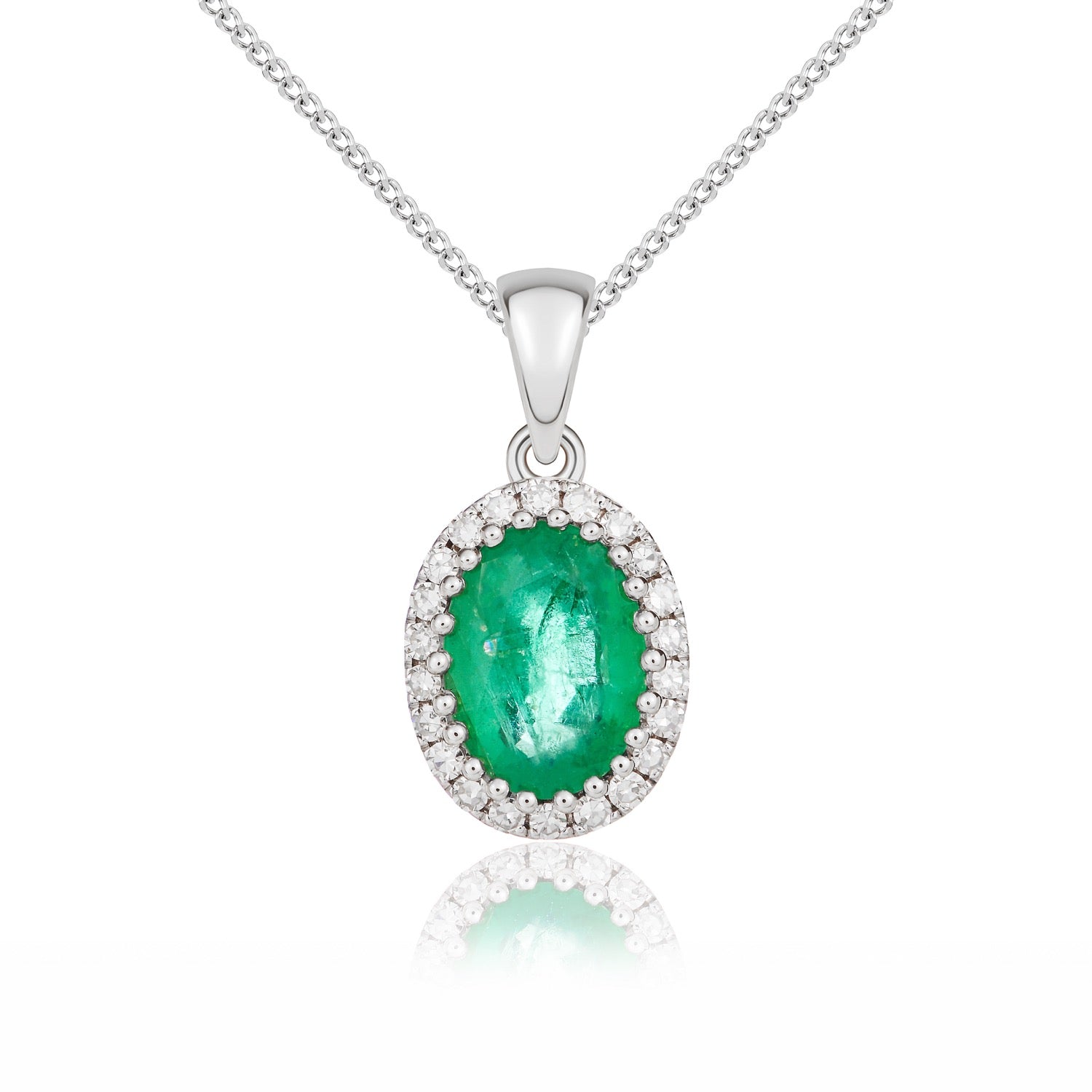 9ct White Gold Oval Natural Emerald and Diamond Cluster Pendant — 7x5mm